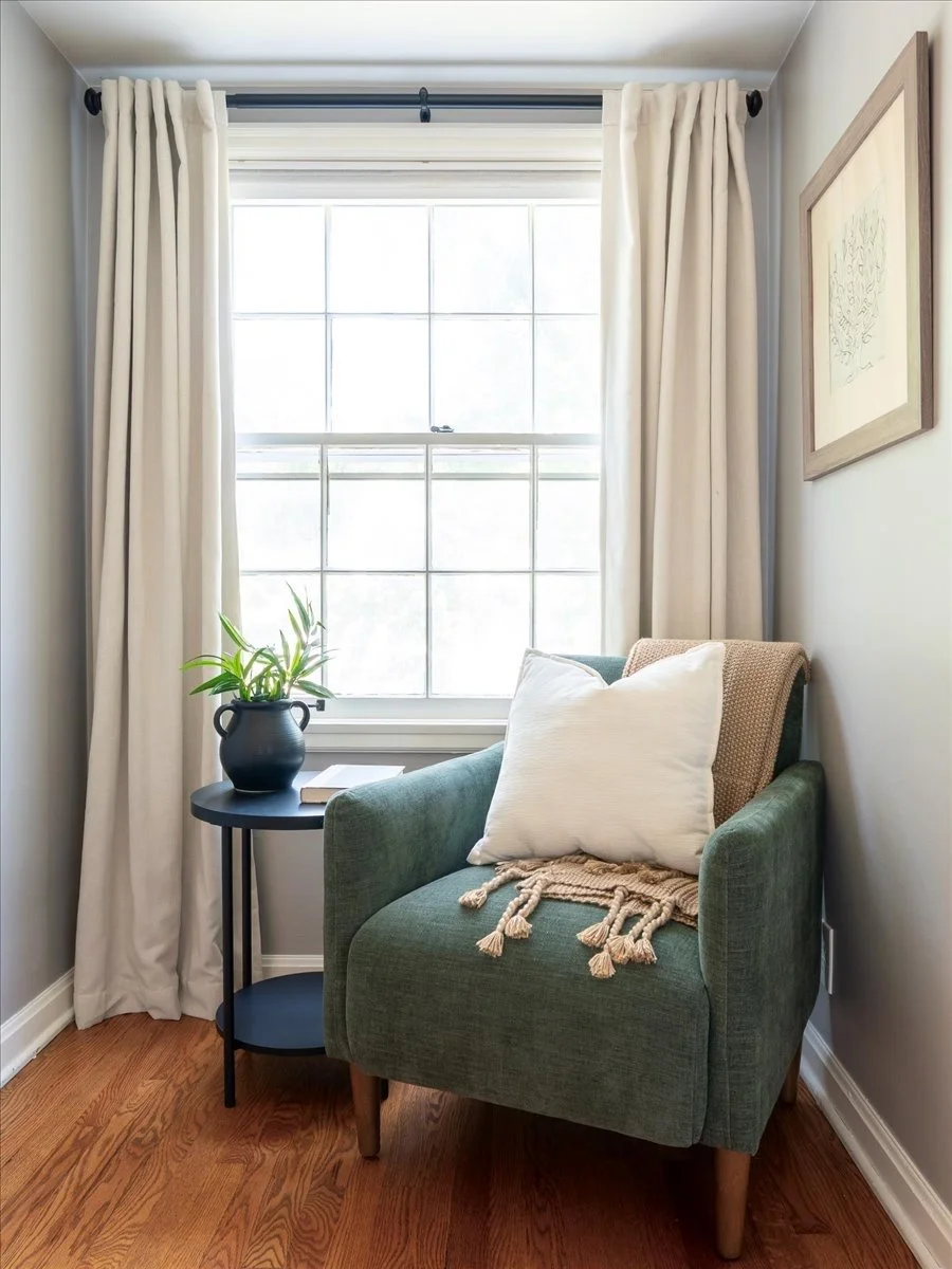 A cozy reading nook with a green armchair, a white pillow, a beige and tan throw blanket, a small black side table with a potted plant, and a window with white curtains in a bright room.
