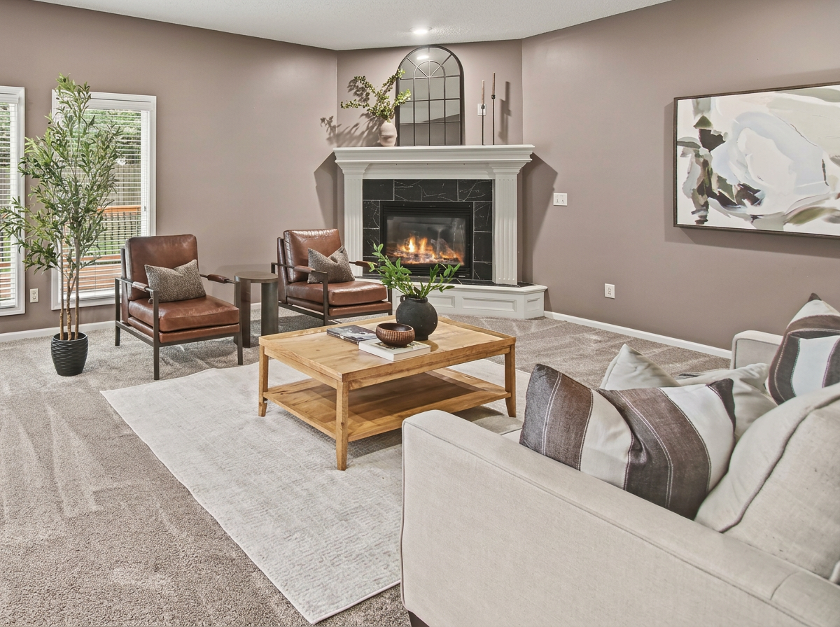 Living room with beige carpet, gray walls, white fireplace mantle with black marble fireplace, brown armchairs with gray pillows, white sofa with pillows, wooden coffee table with books and a vase with green leaves, potted plant near windows, large abstract painting on wall, decorative items on mantle.