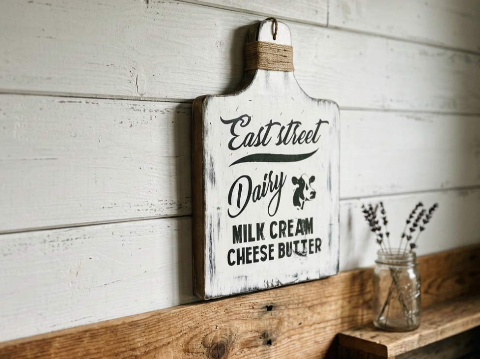 Homemade cutting board with a distressed look with a cow design.