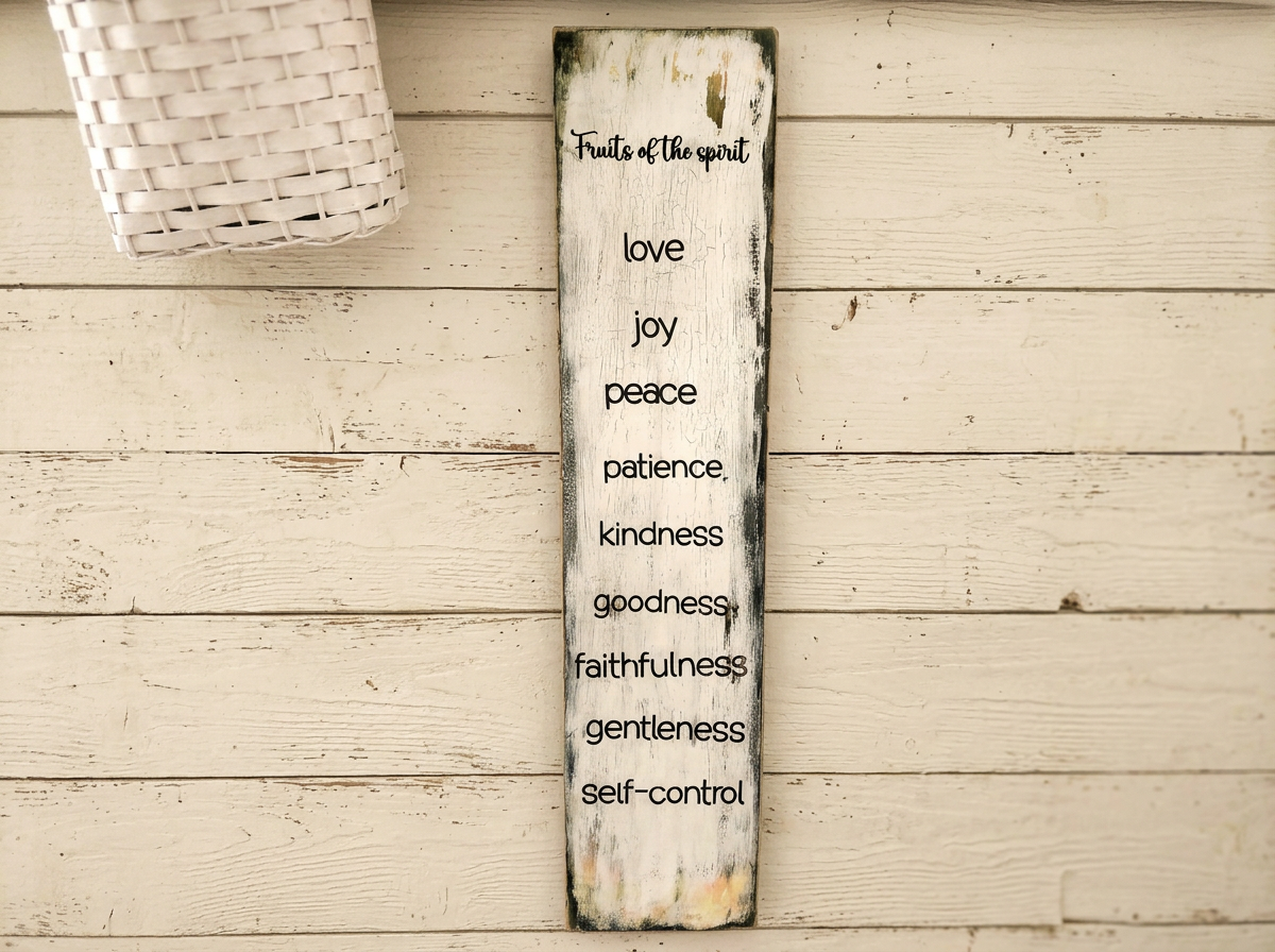 Homemade distressed fruits of the spirit sign.  