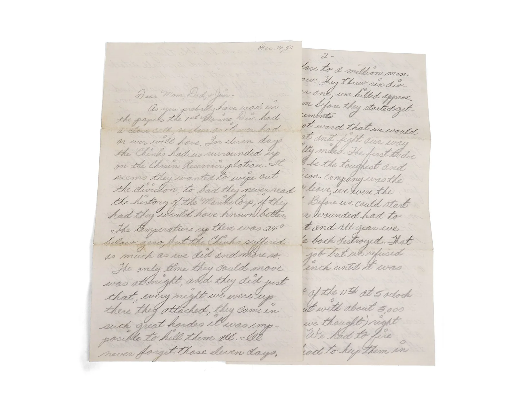 This letter home was written by Frank immediately after Marines escaped from the Chosin Reservoir. Letter is dated December 14, 1950.
