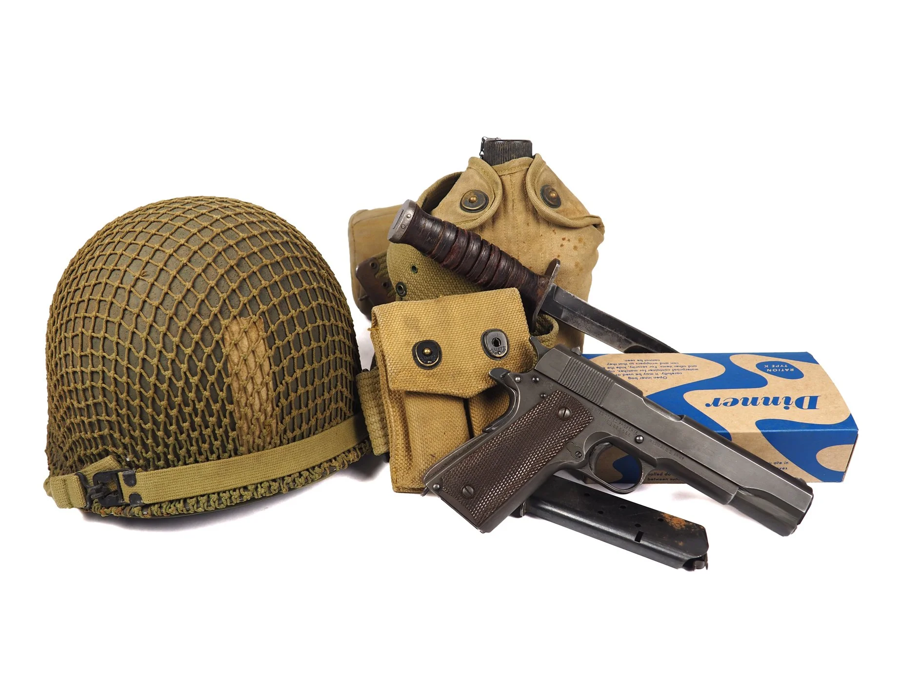 Some kit of Lieutenant Hamisch. The M1911, M3 Knife, and ration box were added for display.