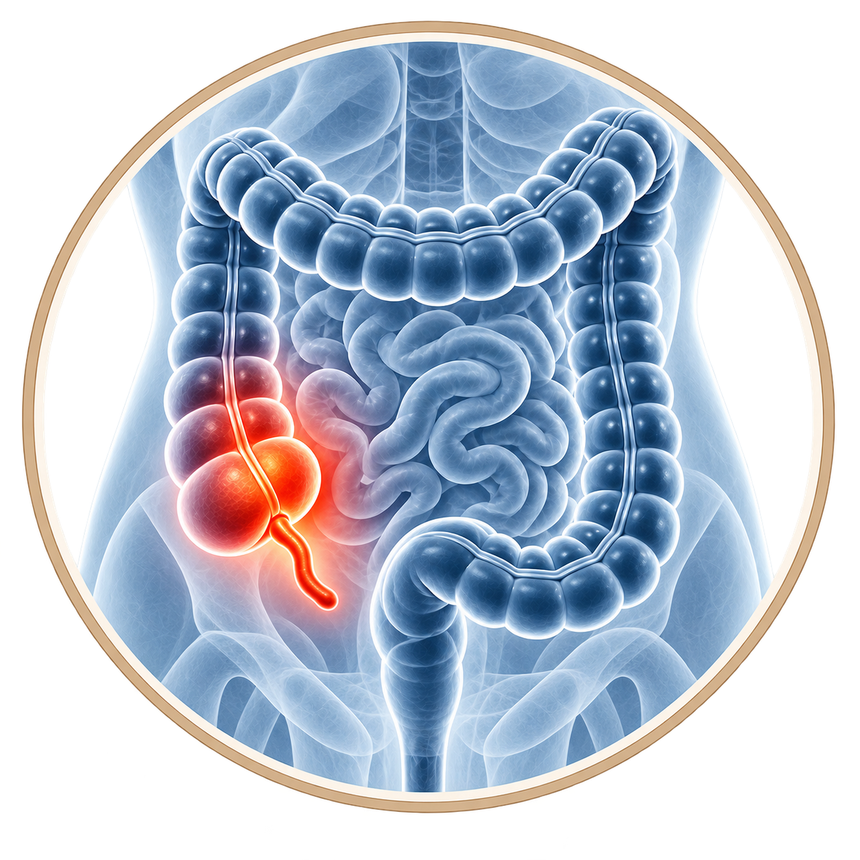 Medical illustration of the digestive system highlighting the appendix in the lower right abdomen.