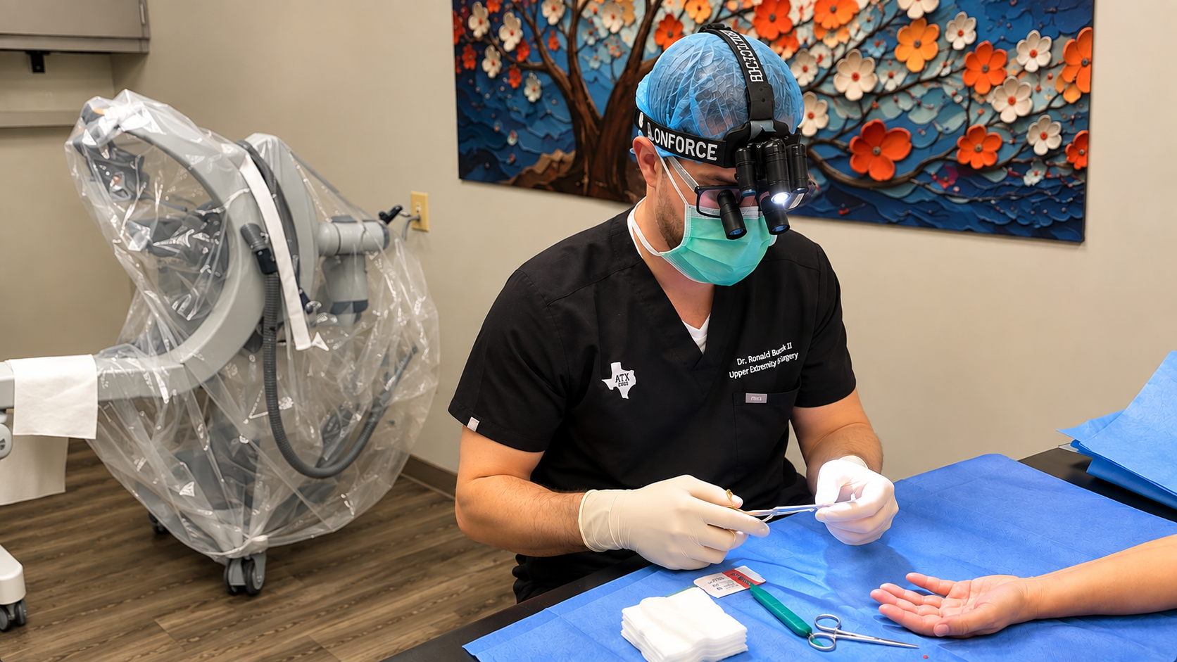Dr. Ronald Buczek performing a hand procedure at ATX Robotic Surgery using surgical loupes and medical imaging equipment.