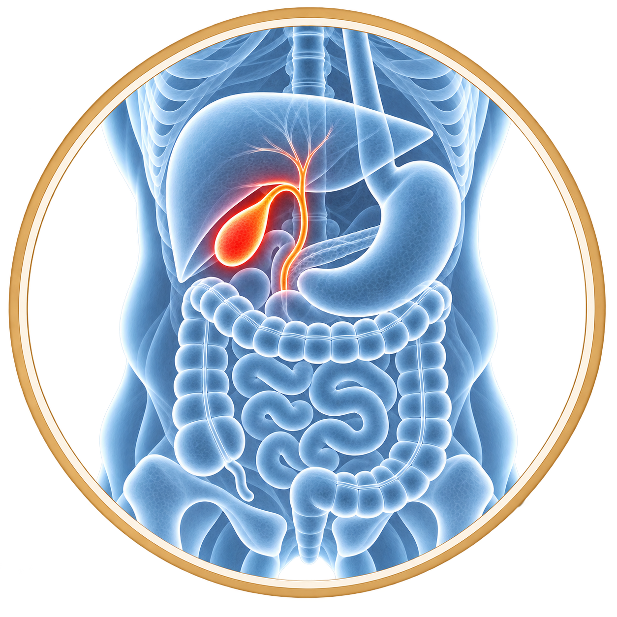 Medical illustration of the digestive system highlighting the gallbladder.