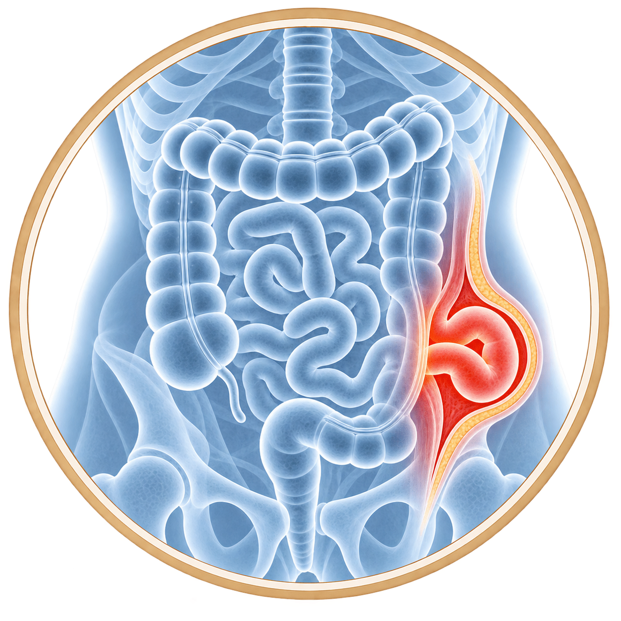 1. Medical illustration of the digestive system highlighting the appendix in the lower right abdomen.