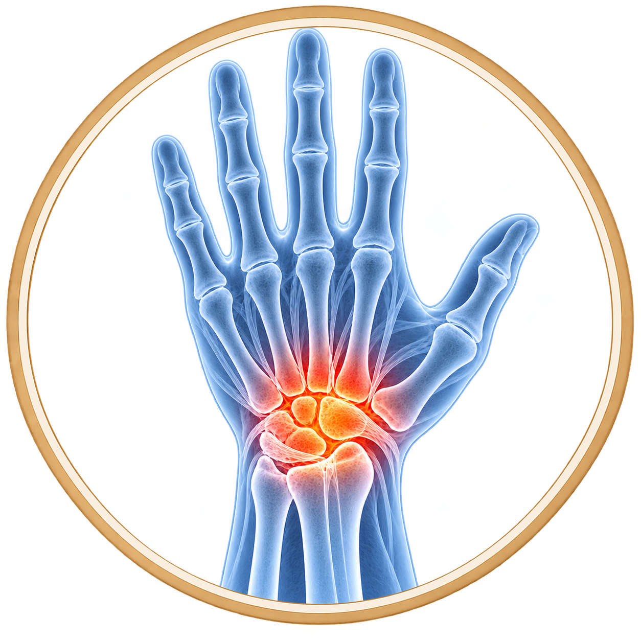 Medical illustration of the hand and wrist highlighting the surgical treatment area.