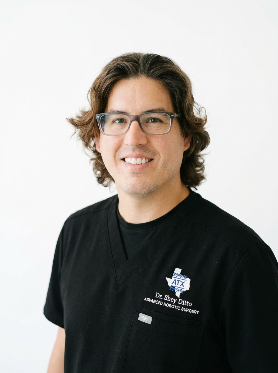 Portrait of a man with shoulder-length brown hair, glasses, wearing a black medical scrub top with the text "Dr. Shey Ditto, Advanced Robotic Surgery" and a Texas-shaped logo, standing against a plain white background.