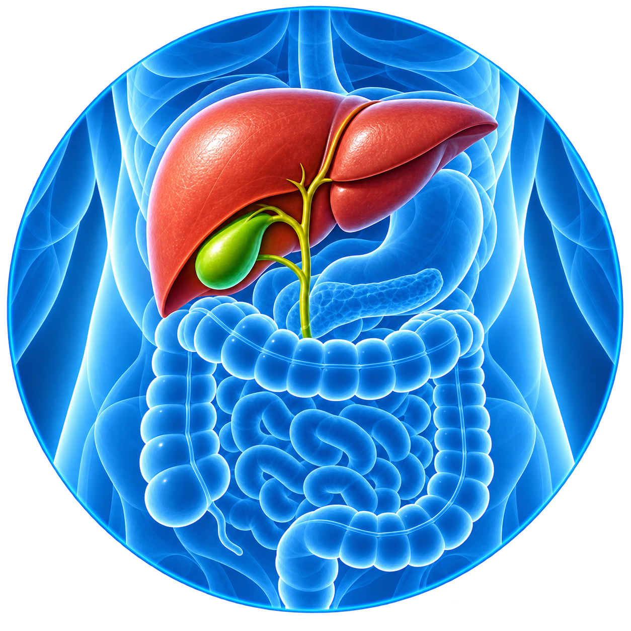 Illustration of the human digestive system highlighting the liver, gallbladder, stomach, and intestines in a semi-transparent body outline.