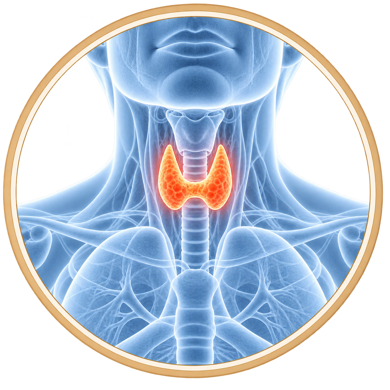 Medical illustration showing the thyroid gland highlighted in the neck.
