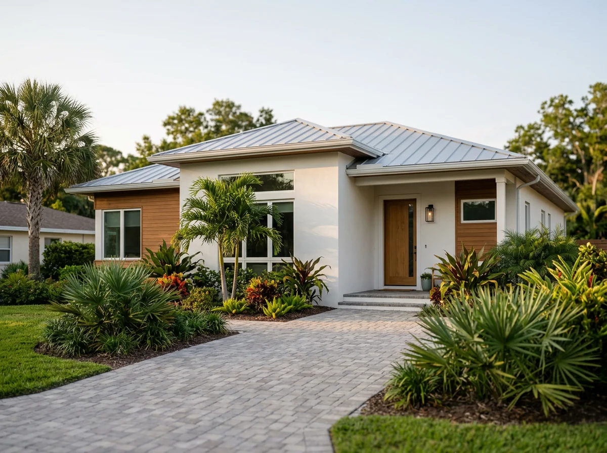 Modern house with white exterior walls, wooden accents, and a metal roof, surrounded by tropical plants and a stone pathway leading to the front door.