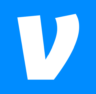 White letter V on a blue background.