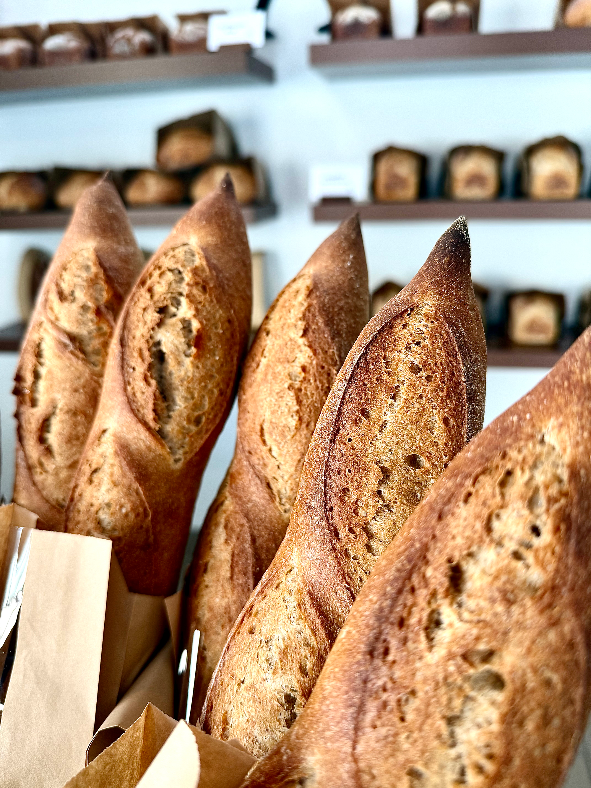 Close-up view of several baguettes in a paper bag, with bakery shelves filled with bread and pastries blurred in the background.