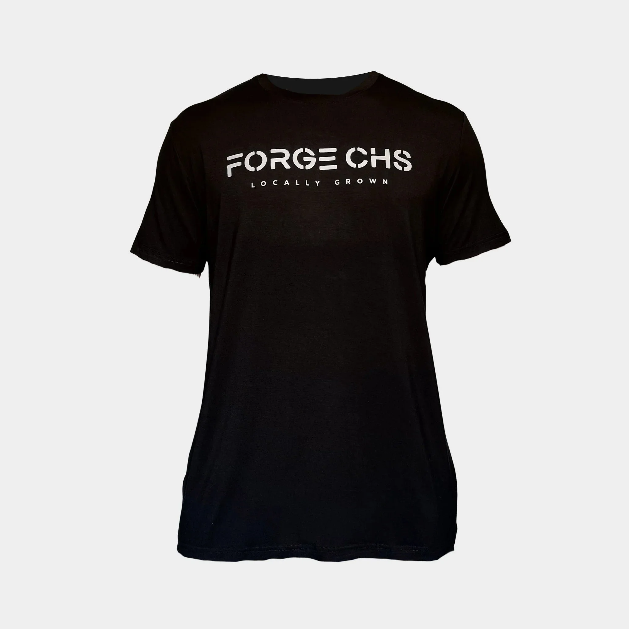 Black T-shirt with white text that reads "FORGE CHS" and "LOCALLY GROWN" underneath.