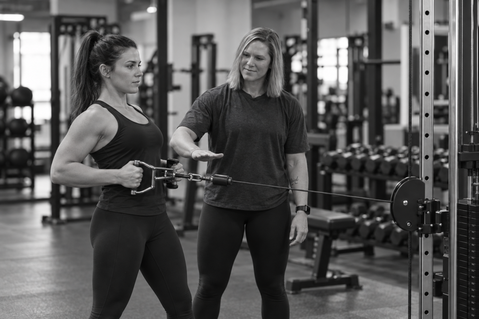 A woman lifting weights with a trainer coaching her in a gym.