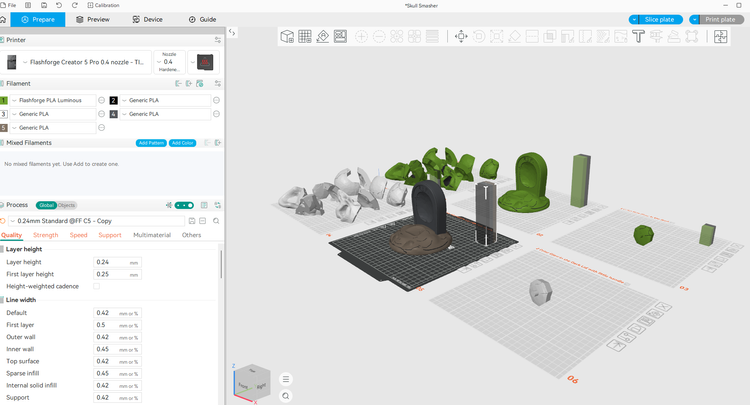 The Skull Smasher arranged on print plates in the slicer