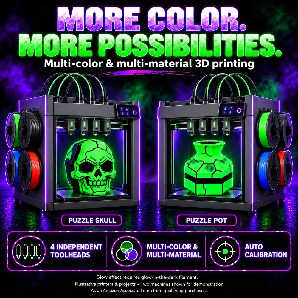 Flashforge Creator 5 multi-color 3D printer. Illustrative image; the glow effect requires glow-in-the-dark filament.
