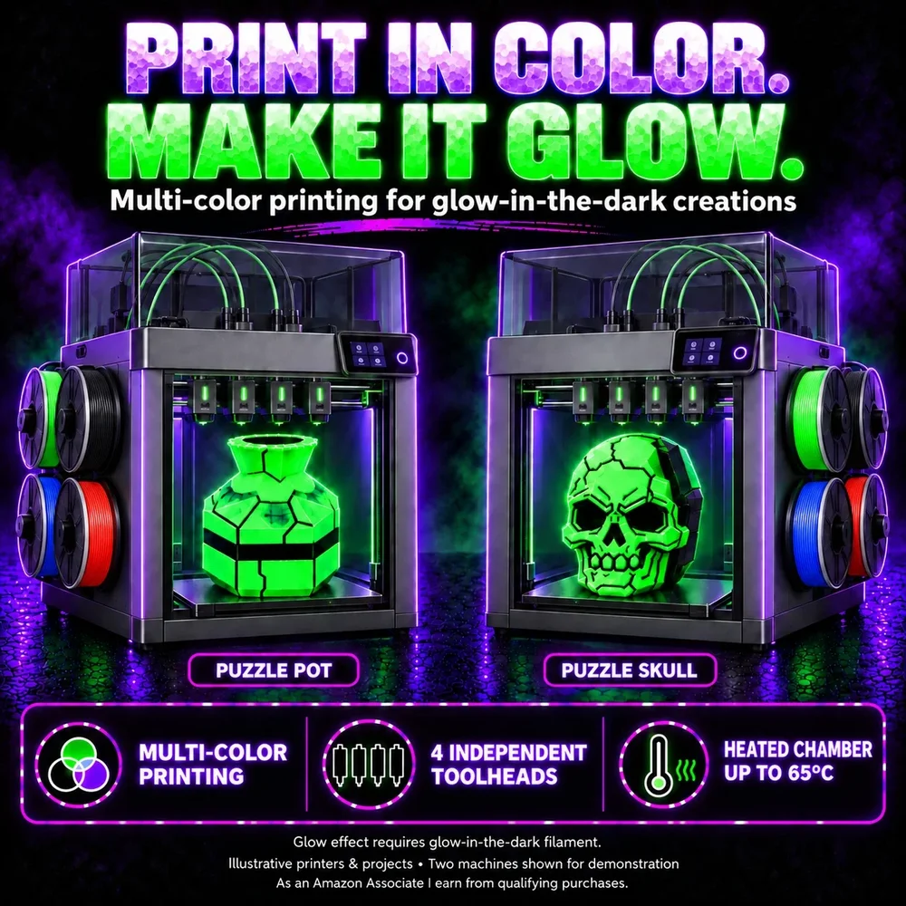 Flashforge Creator 5 Pro multi-color 3D printer. Illustrative image; the glow effect requires glow-in-the-dark filament.