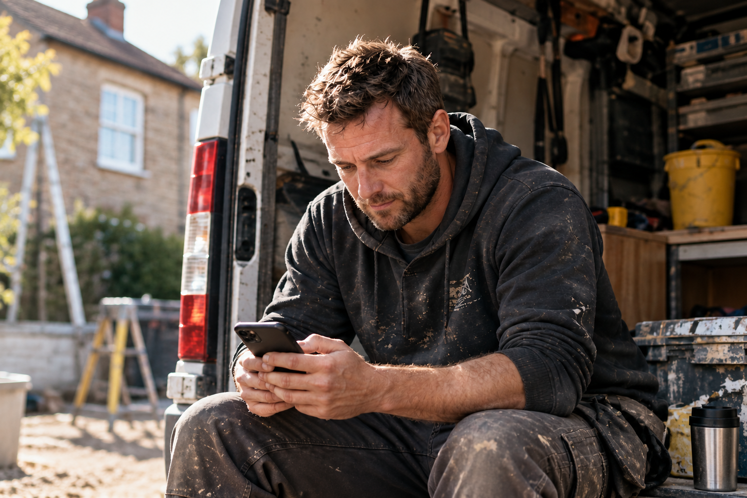 A man on a construction site sitting near an open work van, looking at his smartphone, with tools and construction equipment in the background.