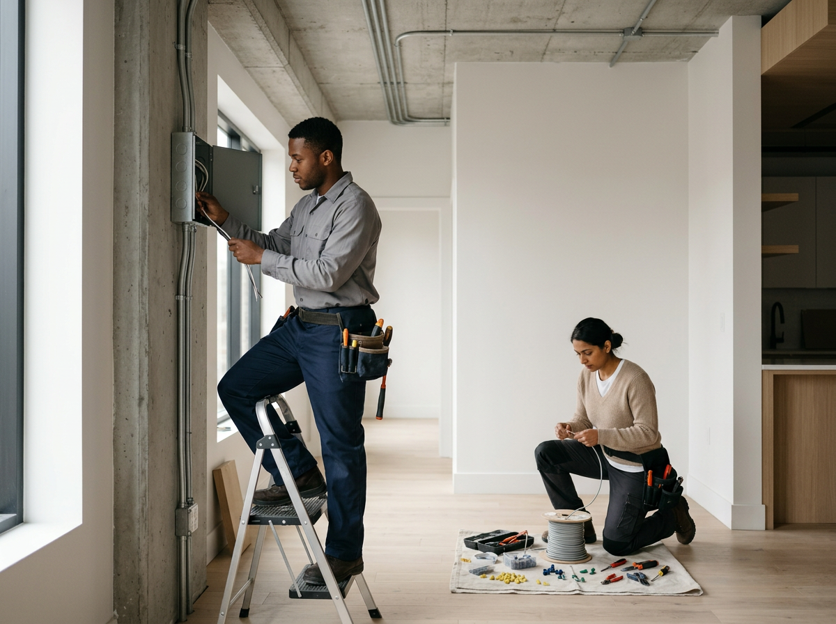 Two electricians working inside a modern building. One man is standing on a step ladder, working on an electrical box by the window, while a woman is kneeling on the floor, organizing tools around a spool of wire.