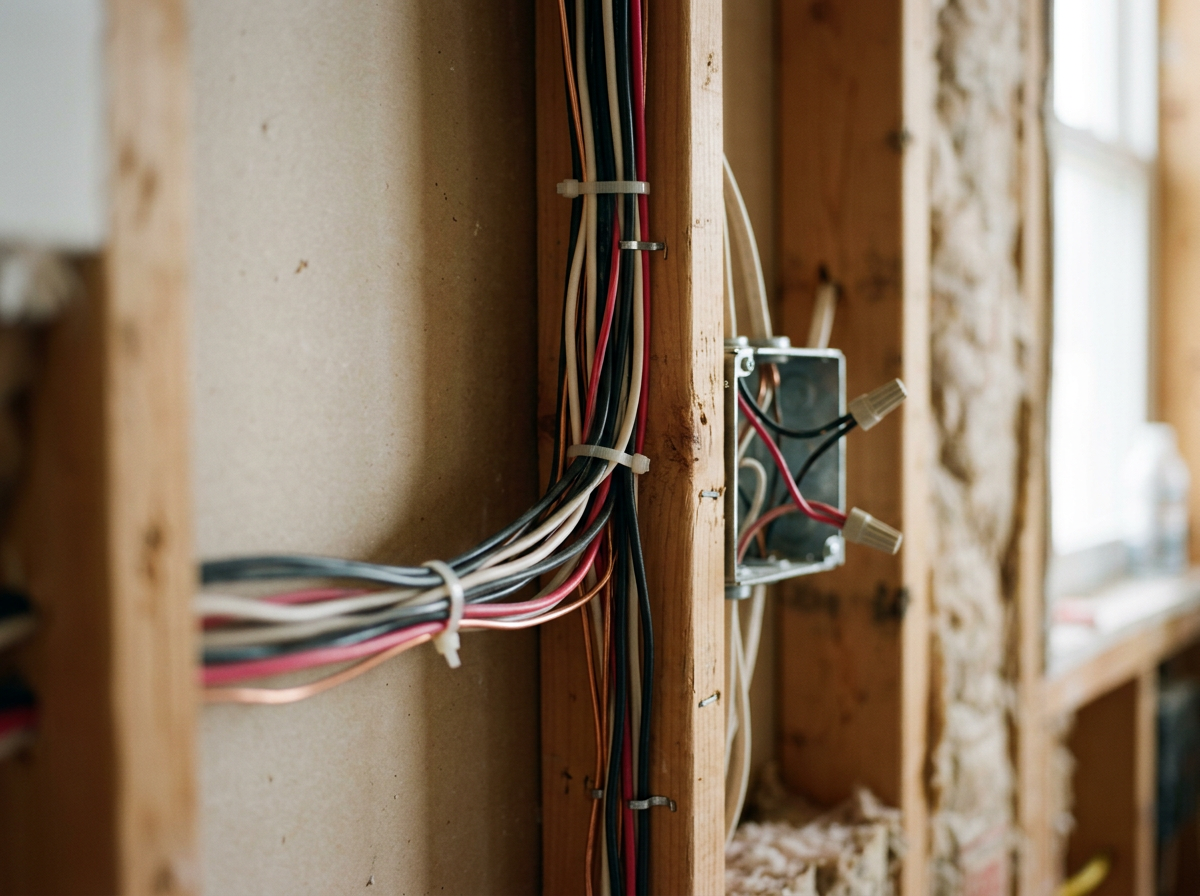 Electrical wiring in wall with multiple wires connected to a junction box.