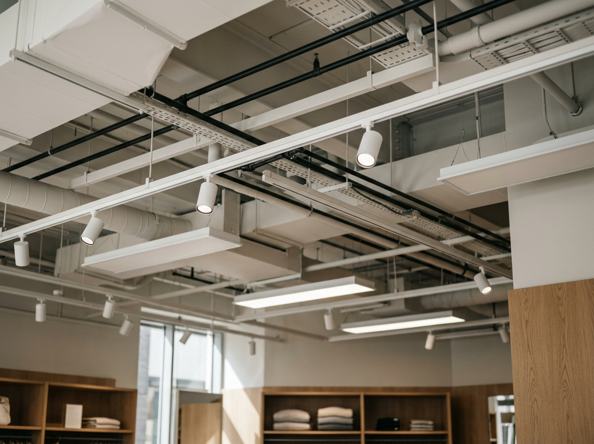 Ceiling with industrial lighting, ventilation, and air conditioning ducts in a retail store with shelves of folded clothes.
