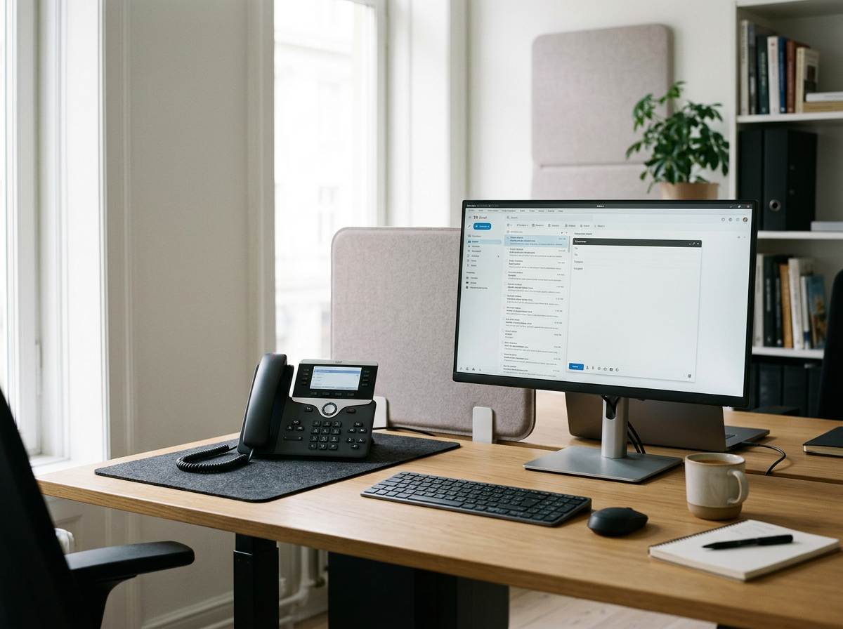 Office desk with monitor displaying an email app, keyboard, mouse, landline phone, coffee mug, and notepad with pen, in a bright room with shelves and a potted plant.