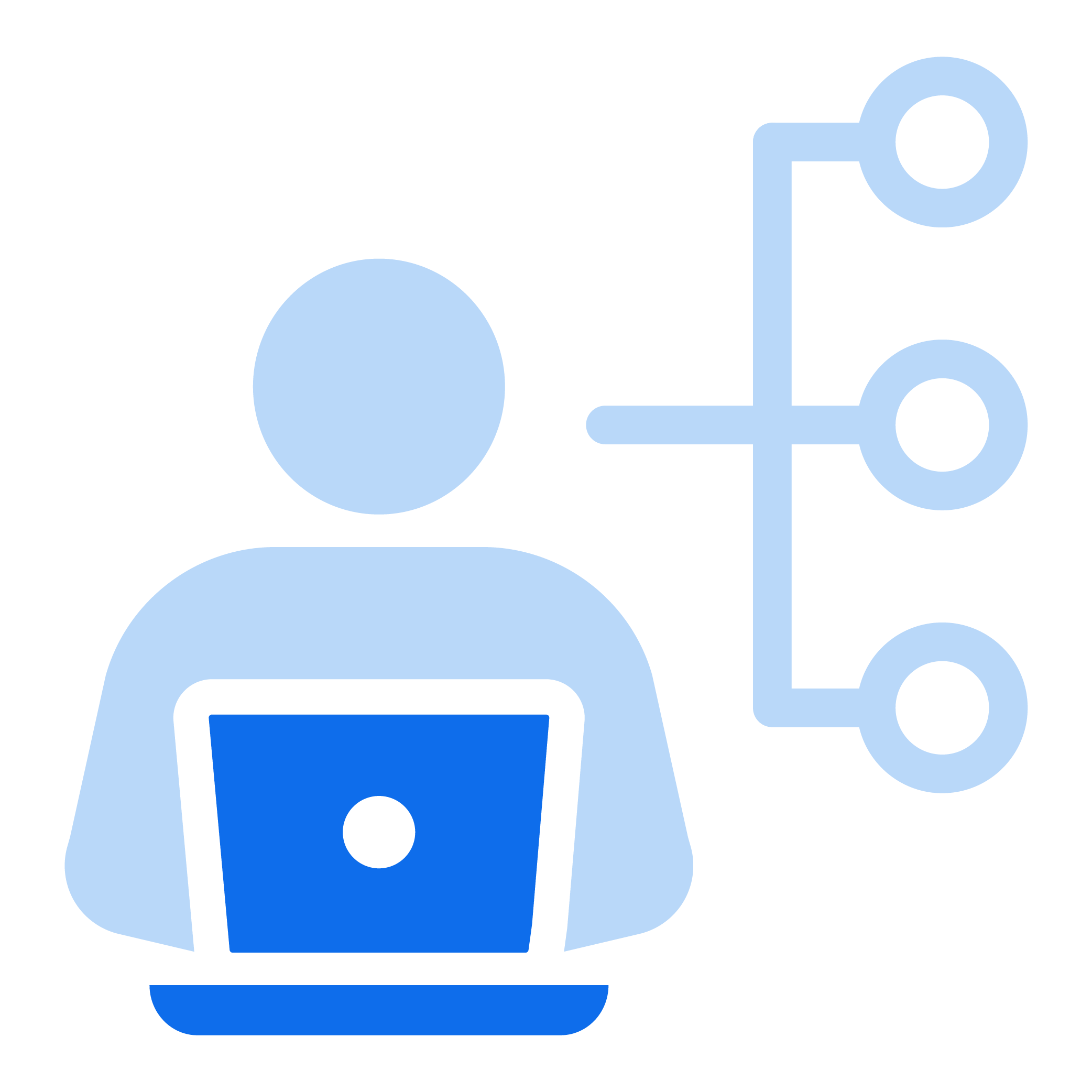 A stylized graphic of a person with short hair, wearing a short-sleeved shirt, working on a laptop with a large monitor, with abstract shapes representing data or digital elements around them.