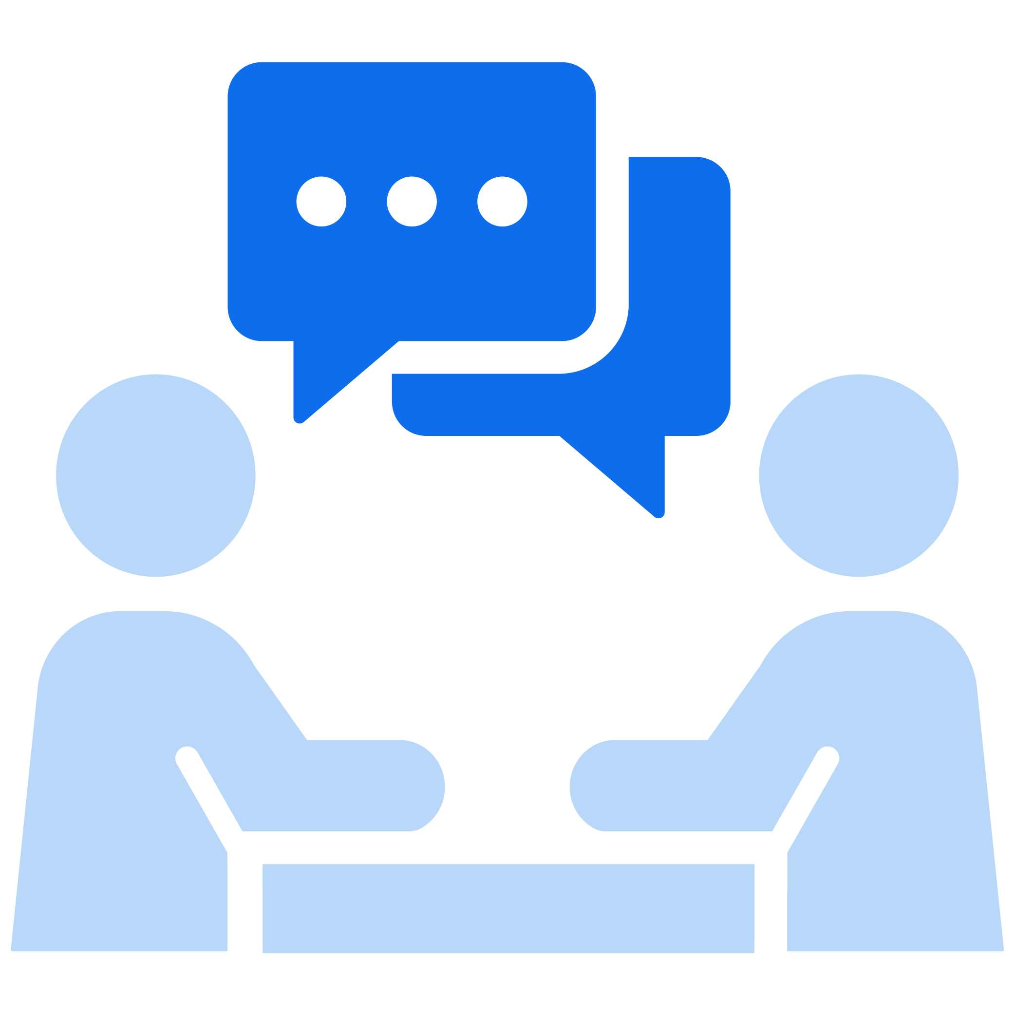 Two stylized blue humano figures with speech bubbles containing three black dots each, indicating conversation.