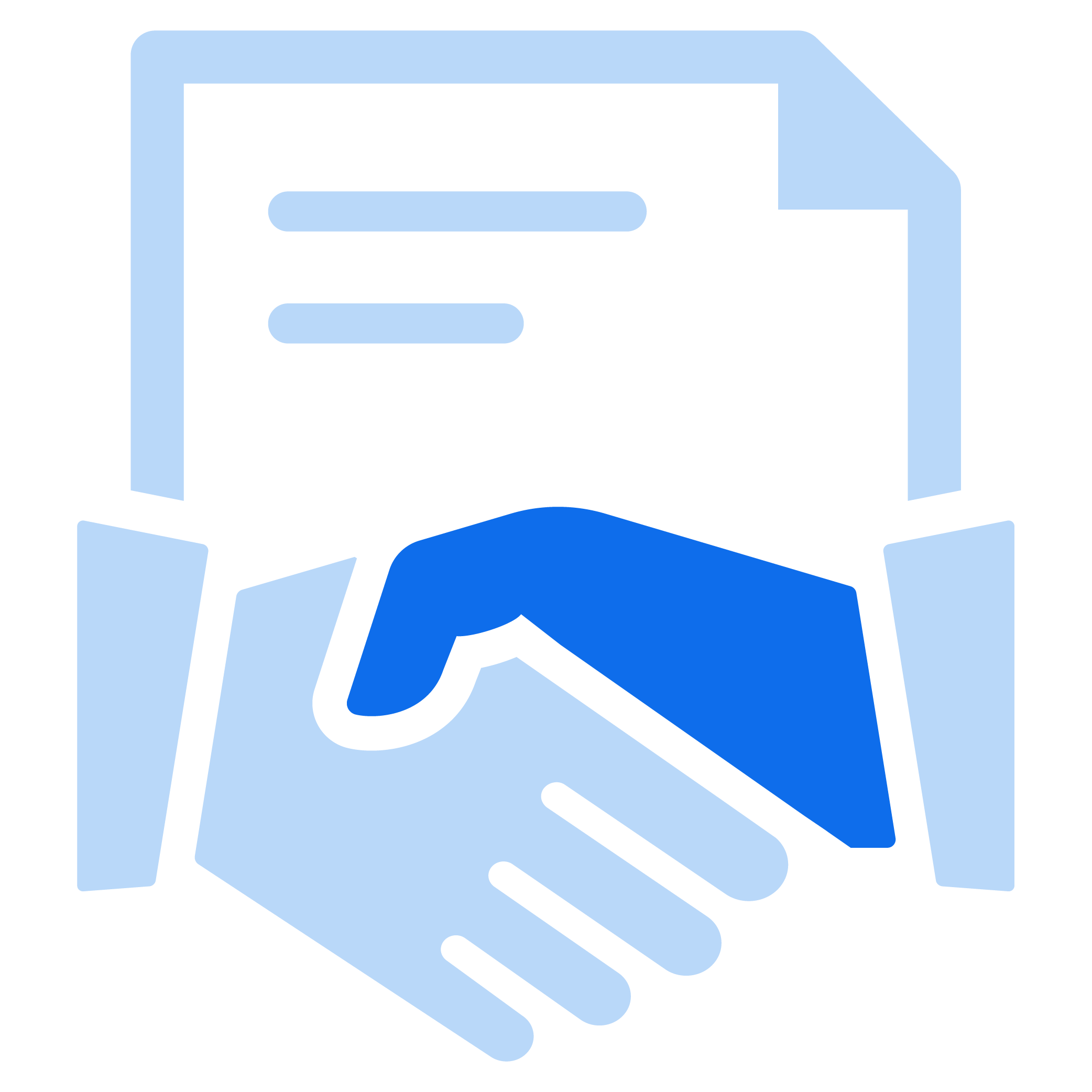 A stylized illustration of a hand holding a smartphone with a chat or messaging app on the screen.