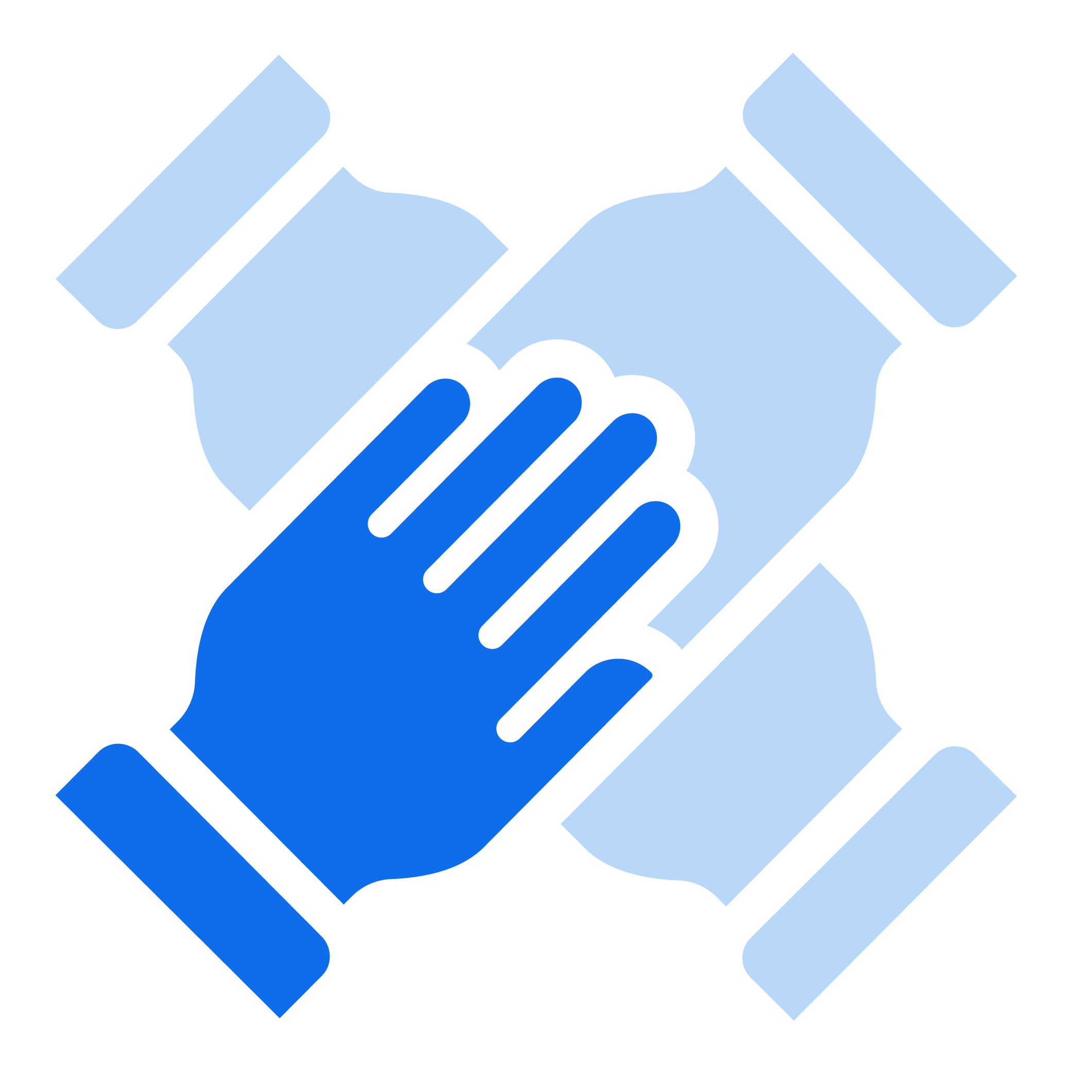 Illustration of two hands shaking, one light blue and one dark blue, representing cooperation and partnership.