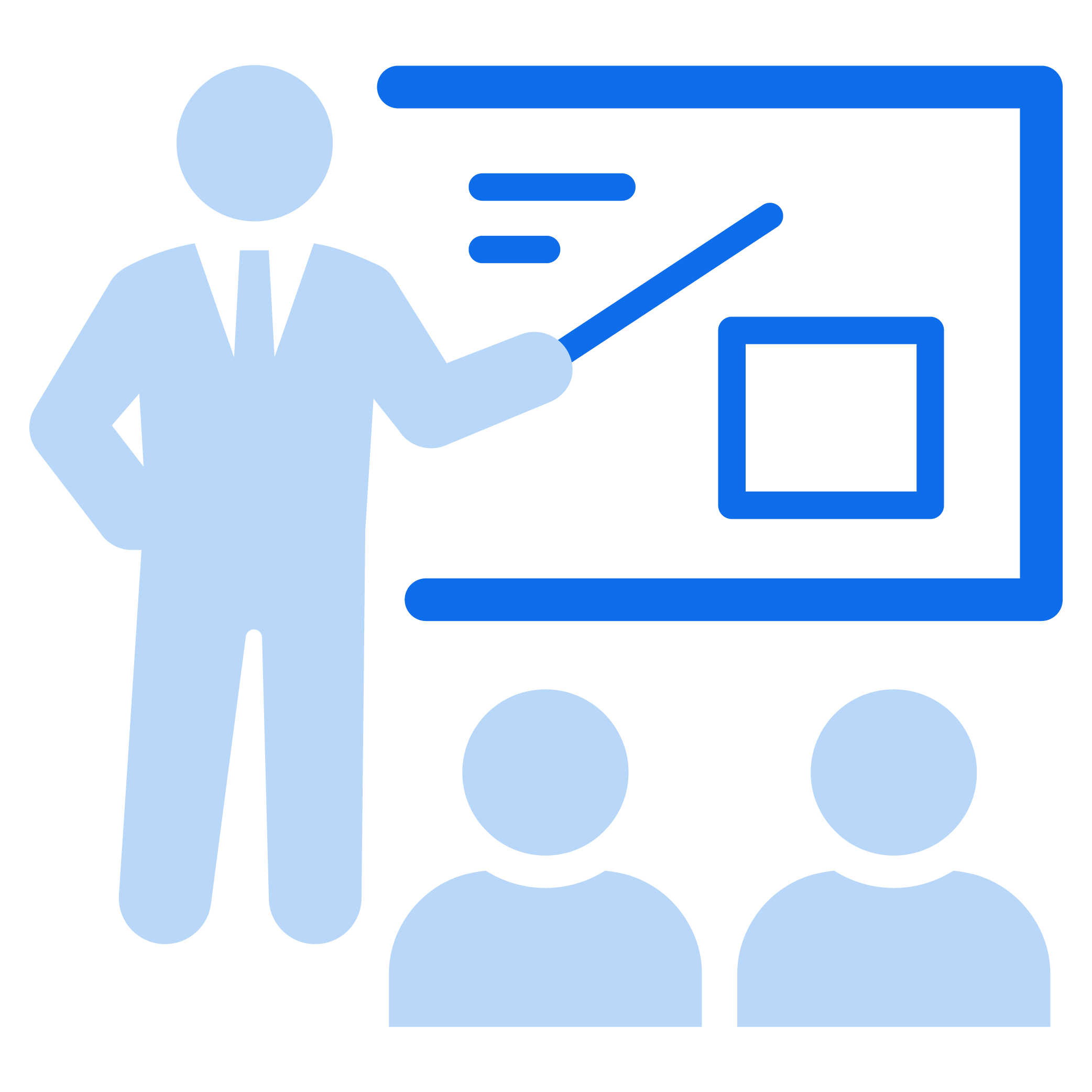 Illustration of a person in business attire presenting information with a pointer, accompanied by graphical elements such as bars and circles, representing data analysis or a presentation.