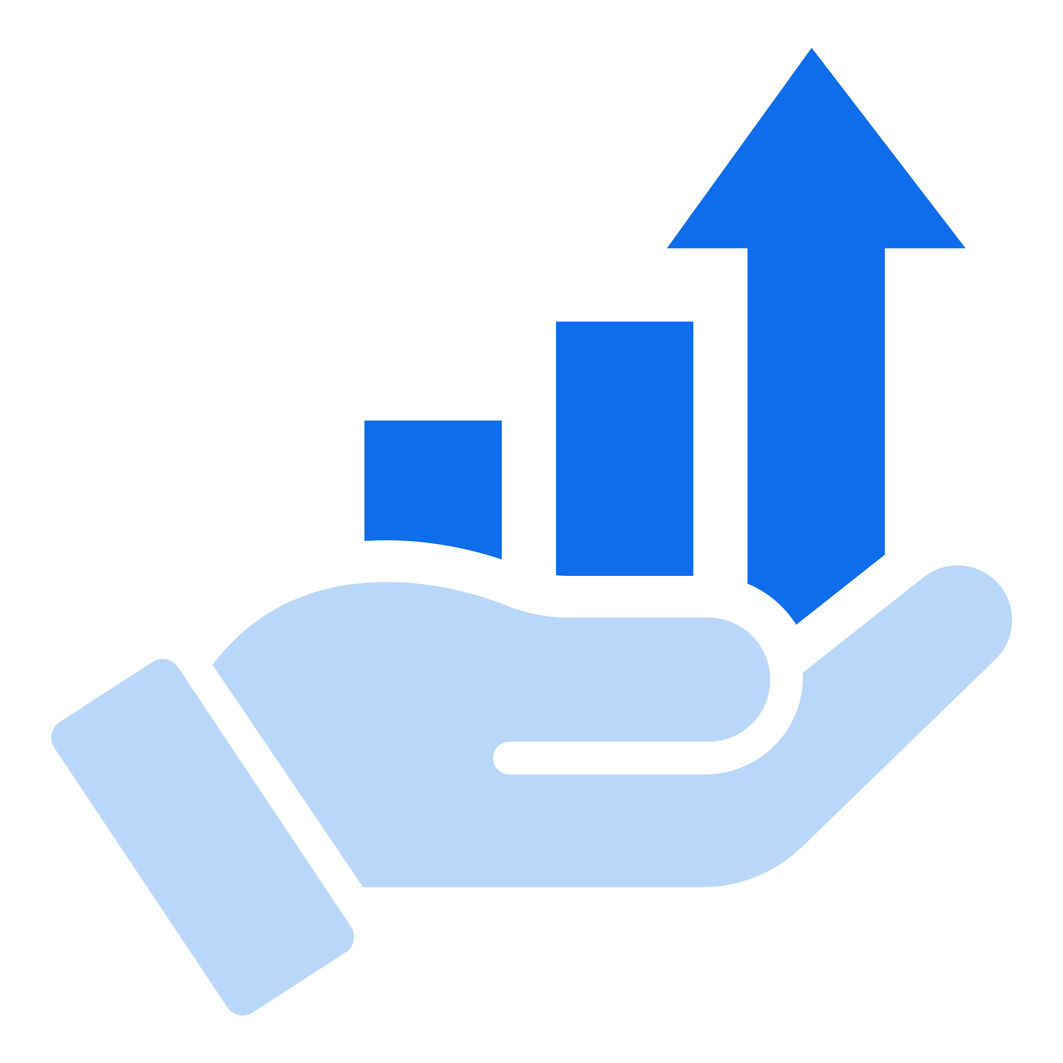 A blue upward trending arrow over a black background with light blue mountains and clouds.