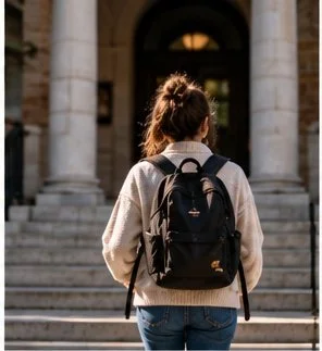 College student with a backpack standing outside a building entrance.
