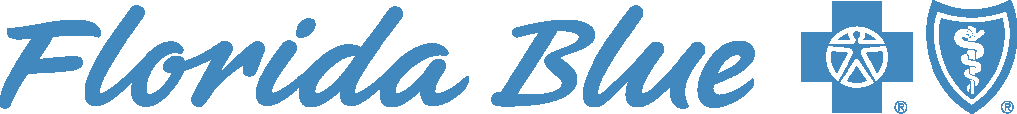 Florida Blue logo with a stylized white cross on a blue circle and a blue shield with a caduceus symbol.