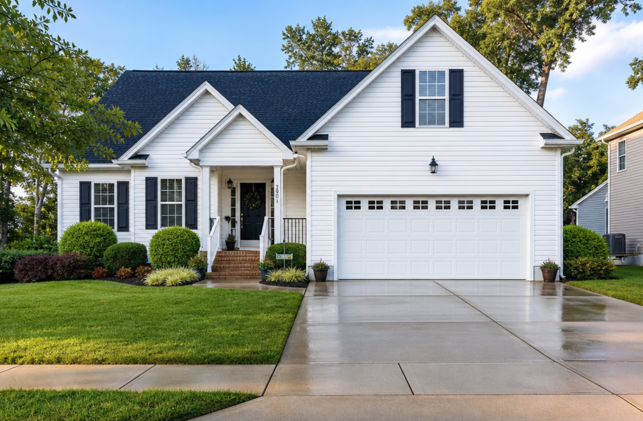 Front view of a white house with black shutters, a dark roof, a double garage door, and a front porch with brick steps, surrounded by a green lawn and trees.