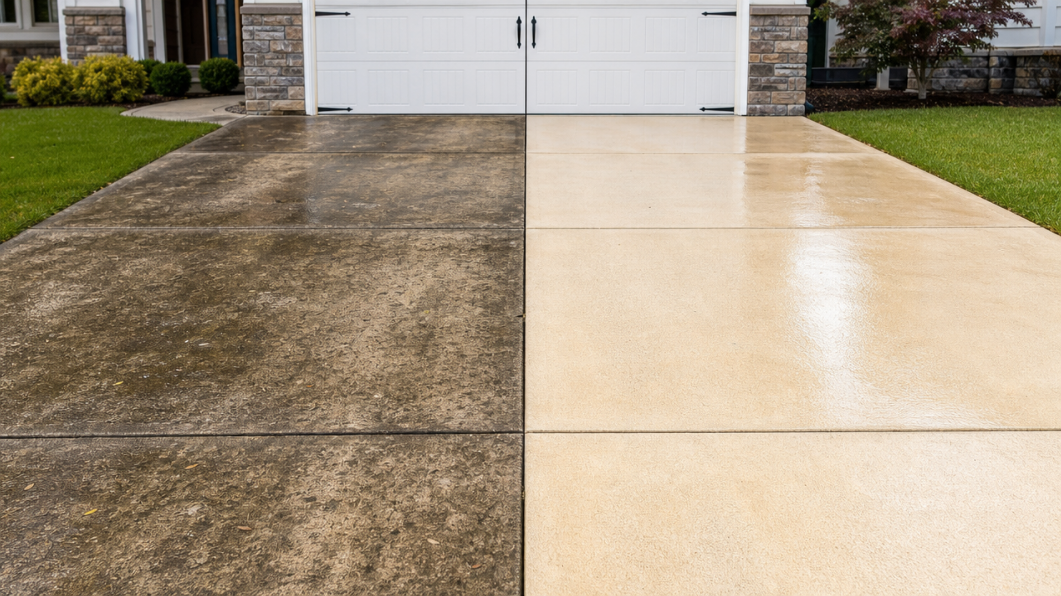 Side-by-side comparison of two concrete driveways. The left driveway is darker, stained, and appears wet or weathered, while the right driveway is lighter, clean, and appears dry or freshly sealed.