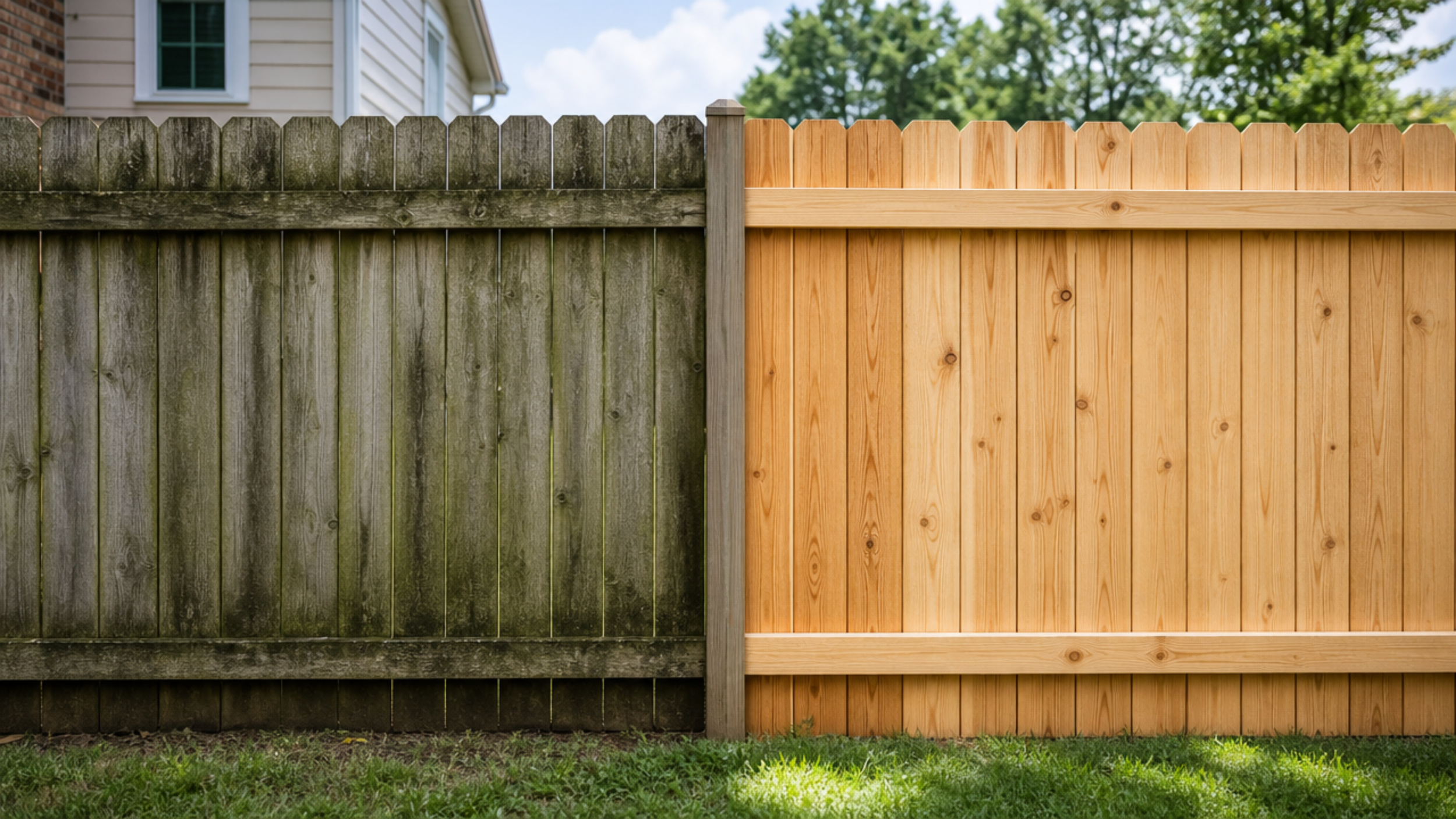Two fences side by side, one old and weathered on the left, one new and freshly painted on the right, with grass in front and a house with trees in the background.