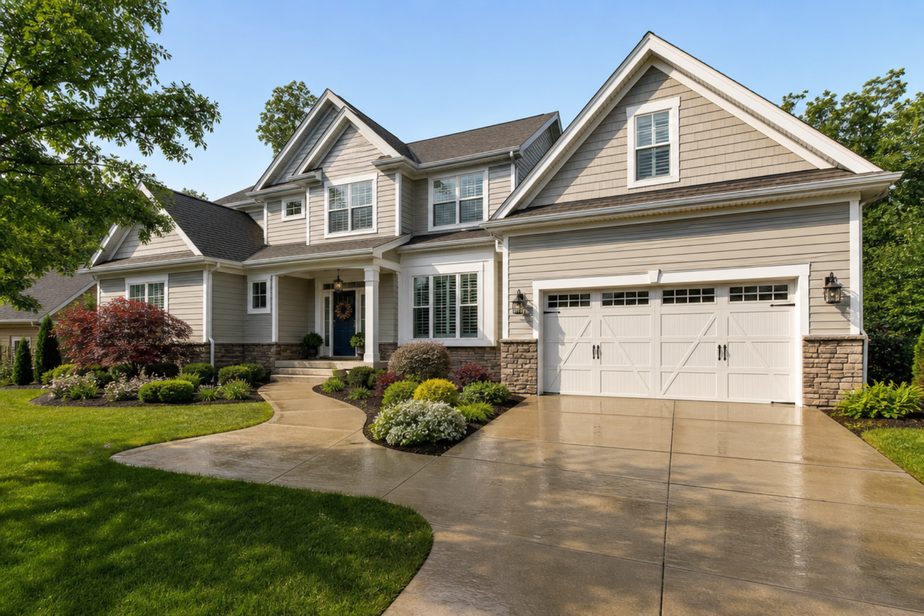 A two-story suburban house with beige siding and a gray shingled roof, featuring a white garage door, front porch, and landscaped yard with green grass, shrubs, flowers, and a curved concrete driveway.
