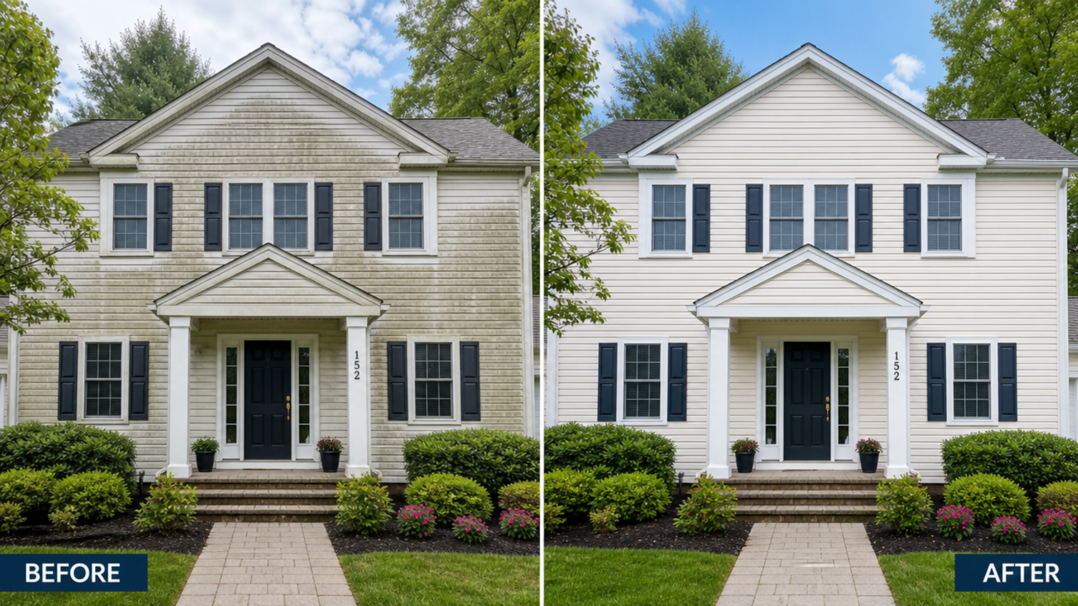 Side-by-side comparison of a house before and after cleaning renovations. The "before" side shows a house with dirty, stained siding, while the "after" side shows the same house with clean, bright siding. Both images depict a front yard with a walkway, trimmed bushes, and a blue sky with some clouds.