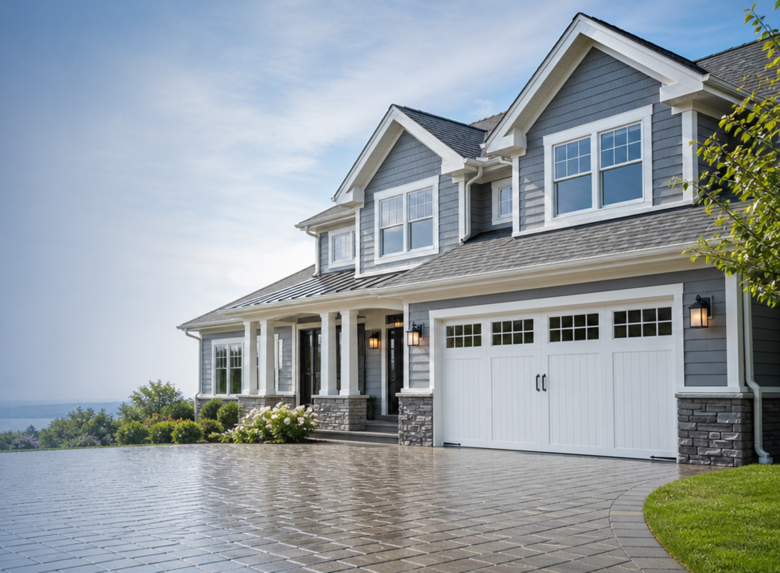 A modern two-story house with gray siding, white trim, and black roof shingles, featuring multiple large windows and a white garage door, surrounded by a landscaped yard with a paved driveway, green lawn, and some trees, under a clear blue sky.