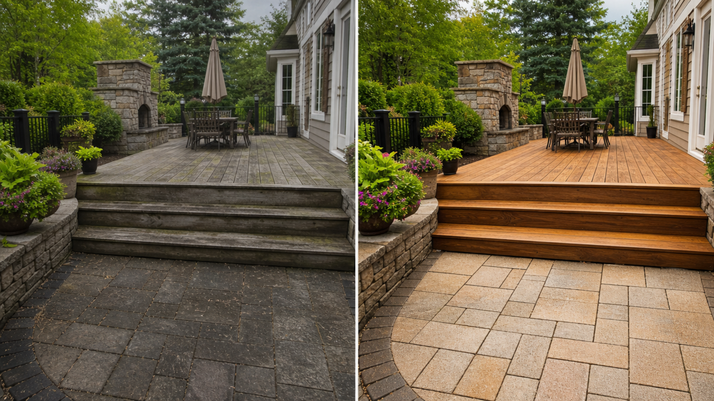 Comparison of a wooden deck setup: the left side shows an older, weathered deck with grayish wood and uneven steps, while the right side displays a renovated deck with fresh, polished wood and new steps, surrounded by greenery and patio furniture.