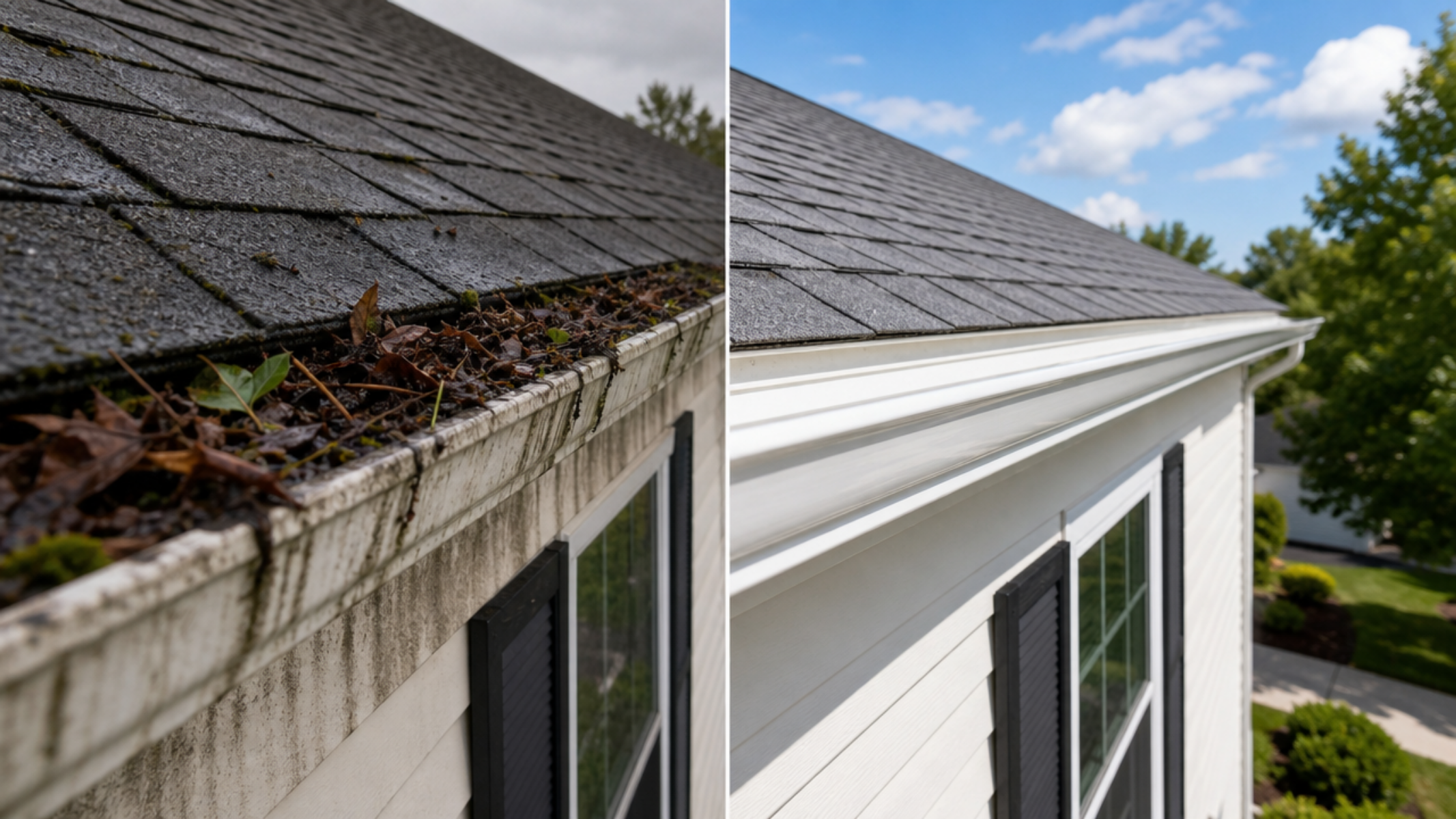 Comparison of a weathered roof gutter filled with leaves and moss on the left and a clean, maintained gutter on the right with a sunny sky and green trees in the background.