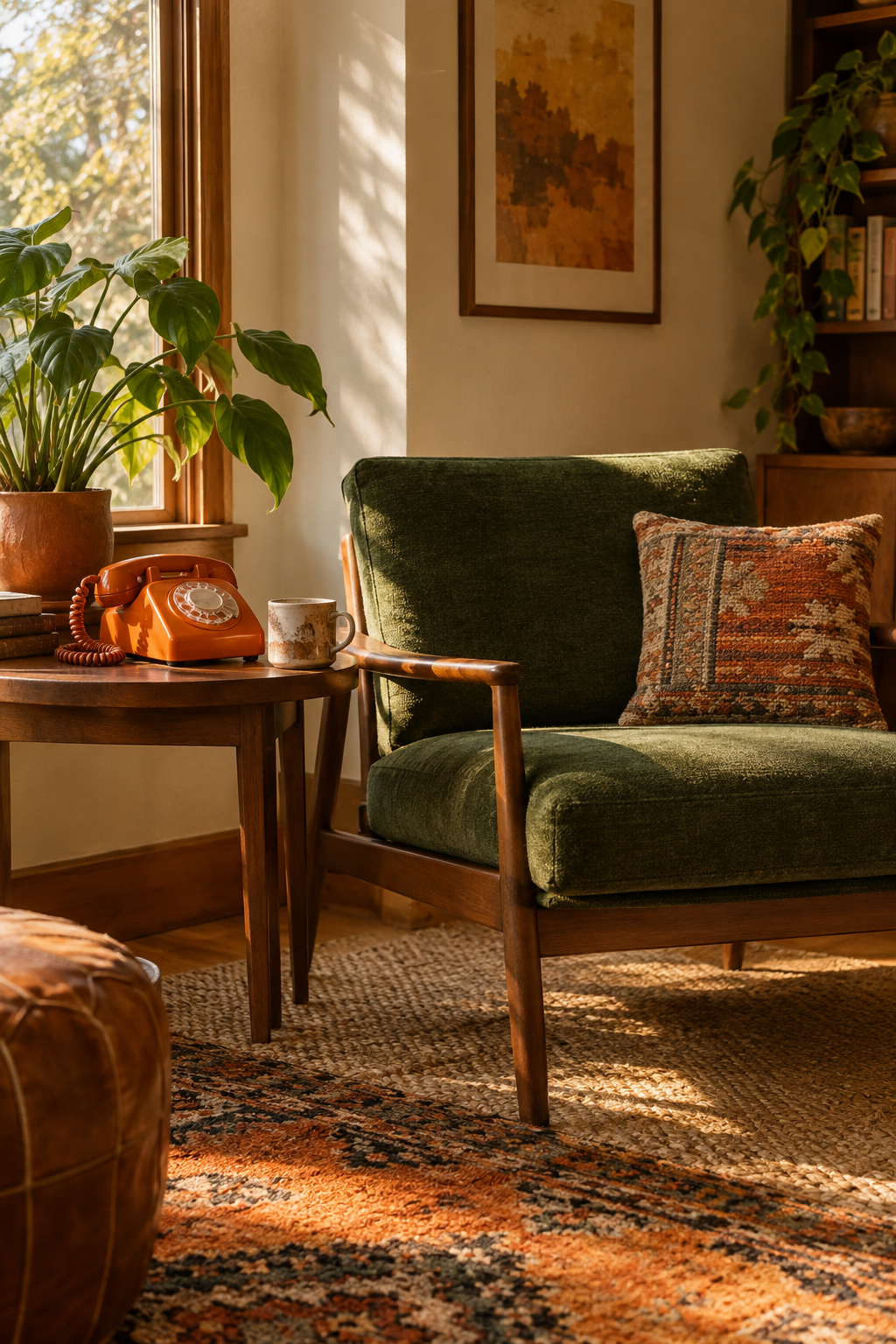 Orange rotary telephone beside a forest-green armchair in a sunlit vintage living room.