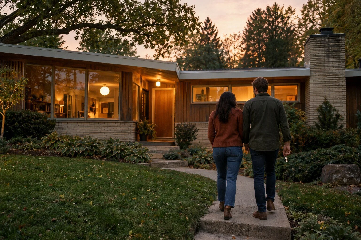 A couple walking toward a warmly lit midcentury home at golden hour, holding house keys.