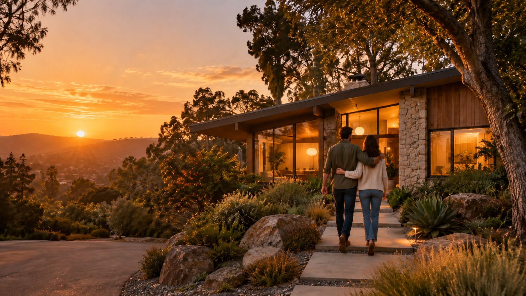 A couple walking toward a warmly lit midcentury home at sunset, with house keys in hand.