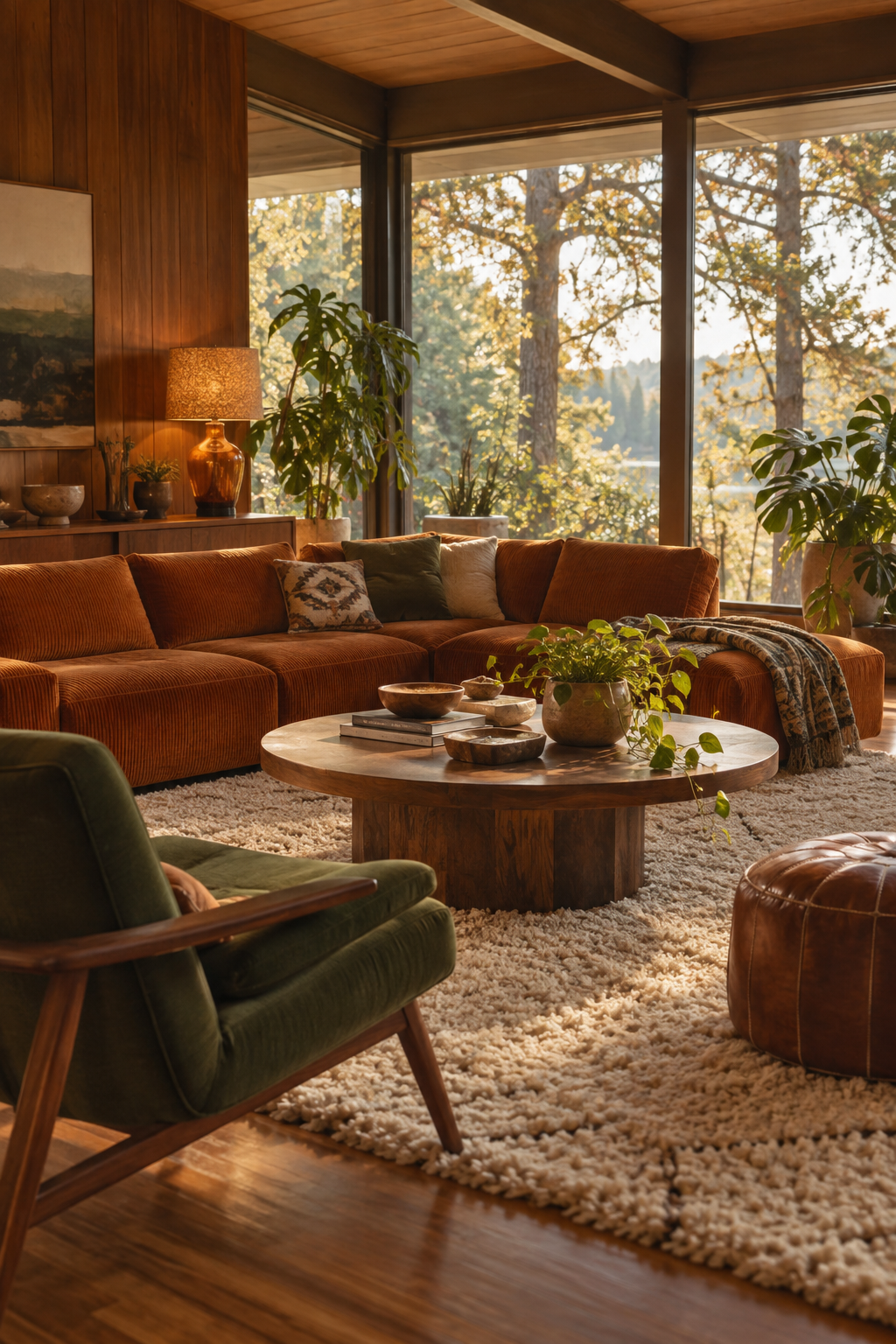 Sunlit seventies-inspired living room with a burnt orange sofa, green armchair, and warm wood finishes.