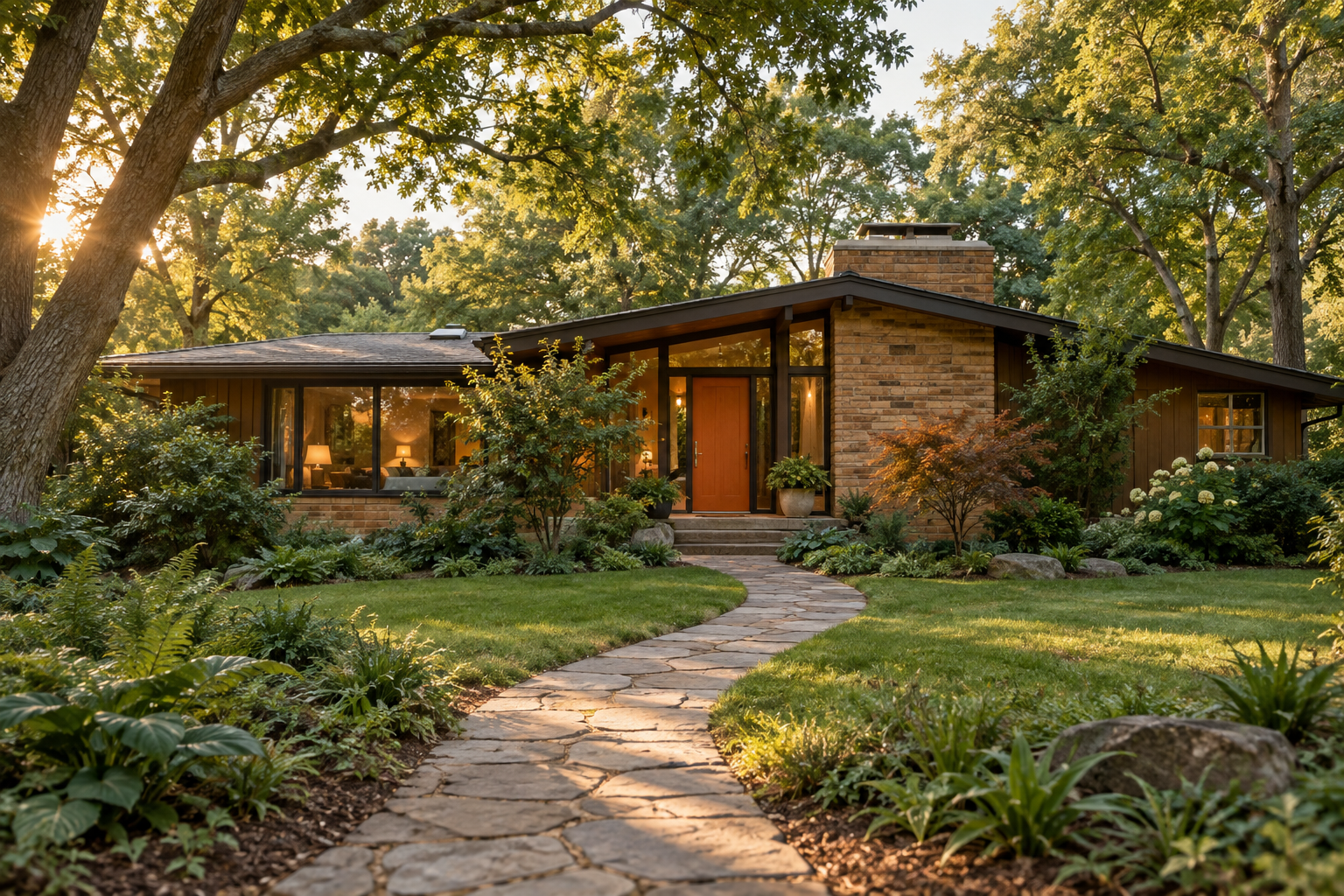 Welcoming midcentury home with an orange front door, a winding stone path, and mature trees in golden afternoon light.