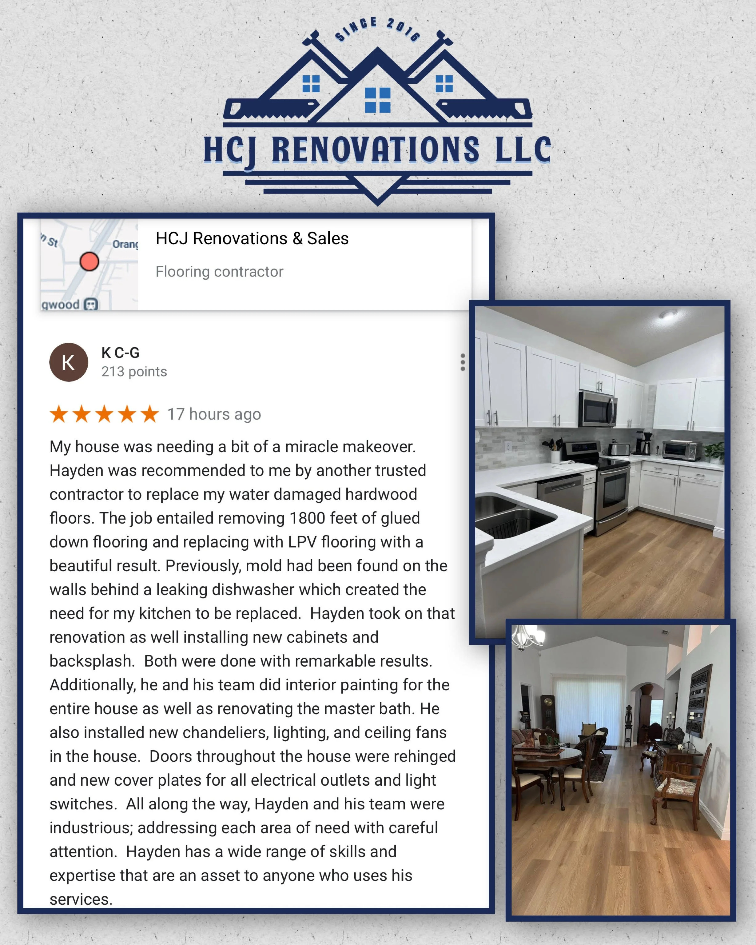 Business logo for HCJ Renovations LLC with house and saw design, includes text 'Since 2016'.