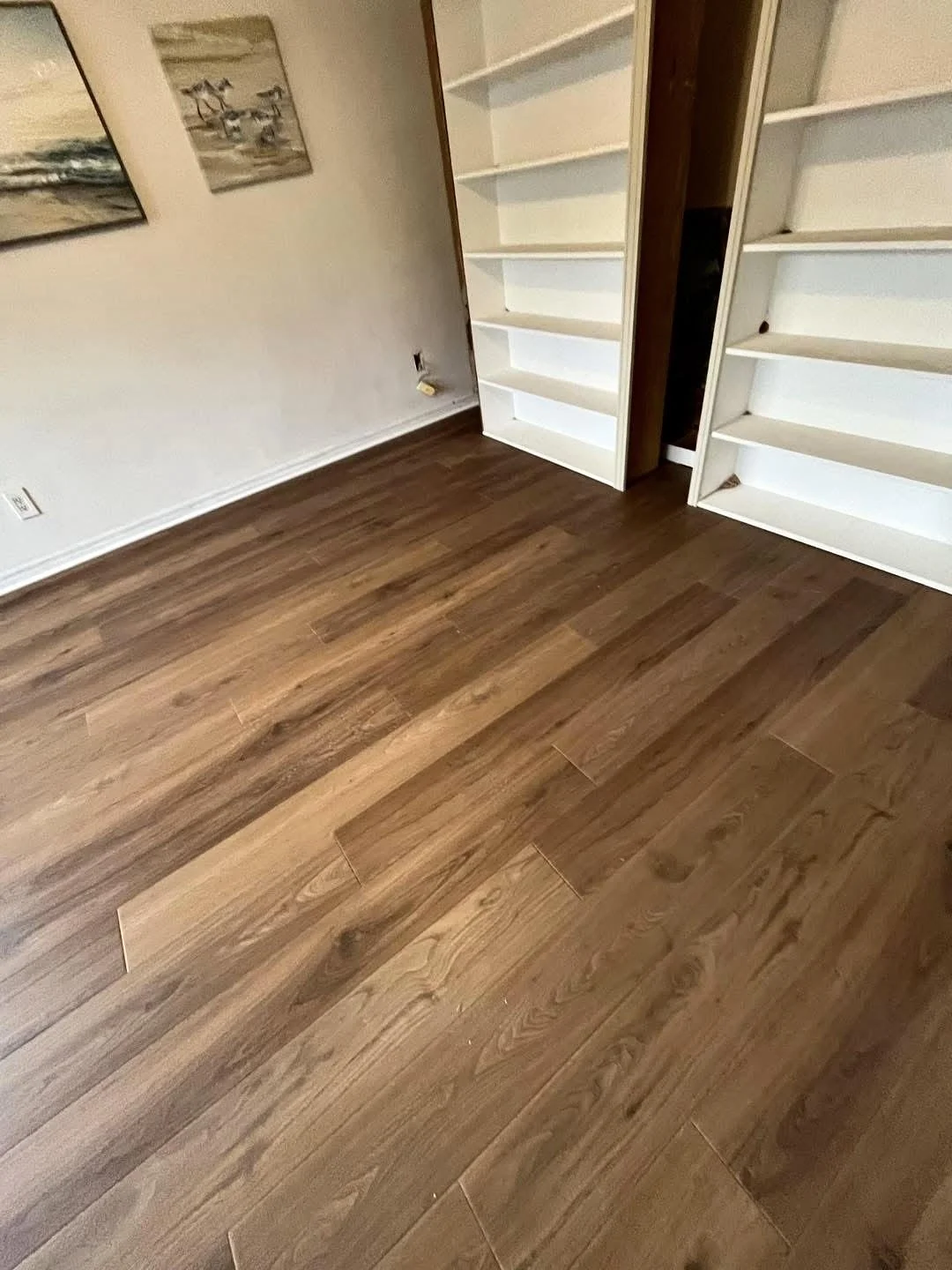 Room with wood flooring, empty white built-in bookshelves, two paintings on the wall, and an electrical outlet and cord on the wall.